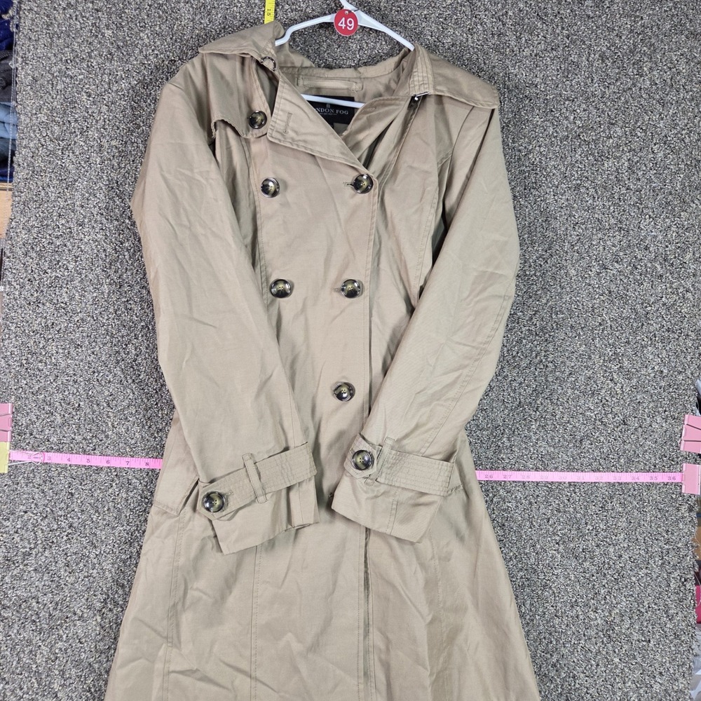 London Fog Trench Coat Women Medium Khaki Hooded Double Breasted Belted Classic